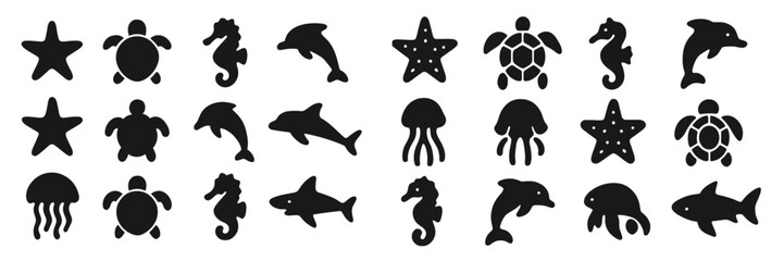 Aufkleber - Collection of sea creature silhouettes including stars, turtles, and dolphins in a black and white design