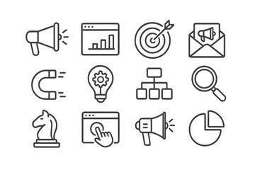 Aufkleber - Various symbols representing digital marketing strategy and analytics concepts in a linear design on a light background