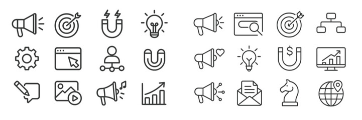 Aufkleber - Collection of line icons illustrating marketing concepts and tools including target, magnet, and light bulb representations