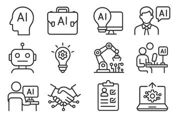 Aufkleber - Innovations and concepts in AI technology showcased through simple, illustrative icons representing various aspects and applications