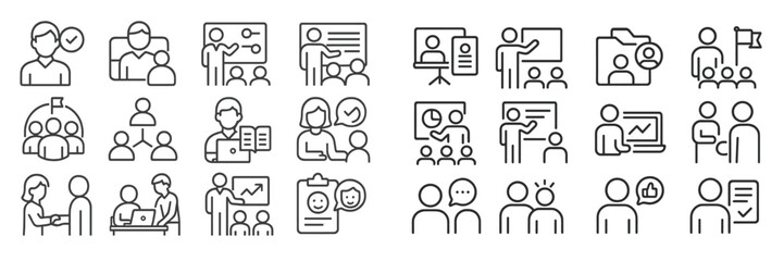Aufkleber - Collection of line art icons representing various aspects of team collaboration, education, and project management in a professional setting
