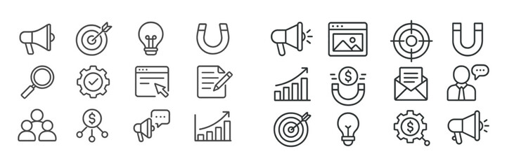 Aufkleber - Creative marketing and advertising icons depicting strategies and planning elements for businesses
