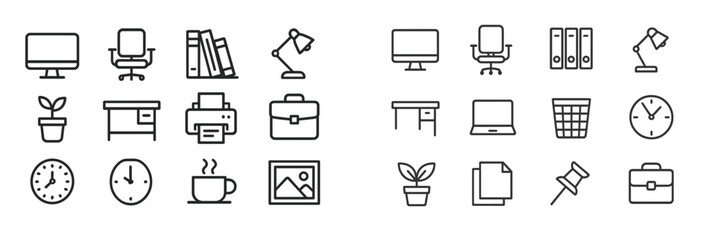 Fototapete - Icon collection of office equipment and supplies highlighting work essentials for productivity and organization