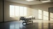 © Kativo - Modern hospital room bathed in sunlight, featuring an empty adjustable bed, window, and a closed door