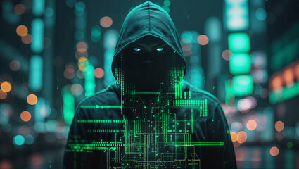 An anonymous hacker in a hoodie, surrounded by digital networks and data, ready to infiltrate.