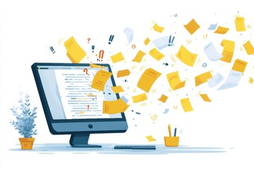 Aufkleber - Crashed Computer Illustration With Flying Files and Exclamation Marks Creating a Chaotic Digital Atmosphere