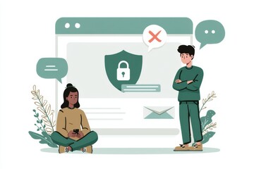 Aufkleber - Illustration Showing Firewall Blocking Friendly Messages With Characters Representing Users in a Digital Communication Setting