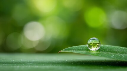 Aufkleber - Closeup of a dewcovered green leaf with water droplet reflecting a lush forest background under soft sunlight, emphasizing natural freshness and ecofriendly beauty with copy space on the left
