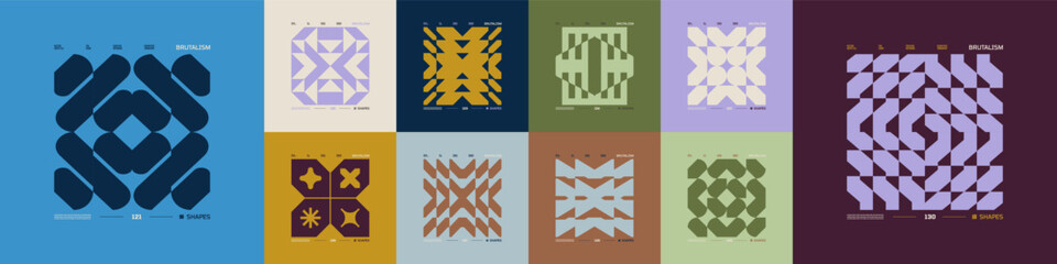 Poster - Kit of Postmodern geometric compositions with abstract shapes in brutalism aesthetics, mosaic of brutal figures, trendy color retro futuristic elements, vector modernist ornament, cards art 13