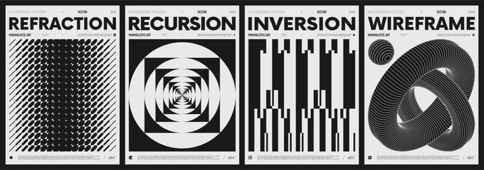 Poster - Modern abstract poster collection, vector minimalist posters with geometric shapes in black and white, brutalist style inspired graphics, bold aesthetic, shape distortion effect set 16
