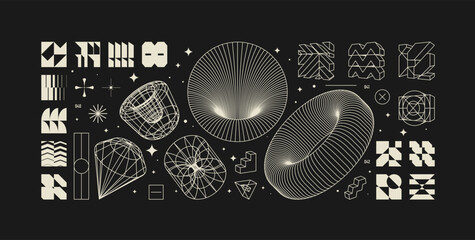 Aufkleber - Vector graphic assets kit acid style, Postmodern abstract geometric shapes with wireframe elements of different forms, Y2K trendy design in brutalism aesthetic, template symbols set 14