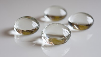 Leinwandbilder - Closeup of smooth glass pebbles with dew drops on white surface reflecting natural light, minimalist and refreshing background with copy space