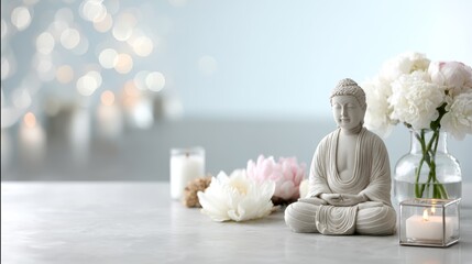 Aufkleber - Serene buddha statue in meditative pose surrounded by lotus flowers and candlelight, evoking tranquility and spiritual harmony for relaxation and wellness themes