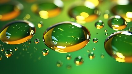 ultra-clear macro of rich emerald green and burnt orange oil droplets scattered on a dark water surf