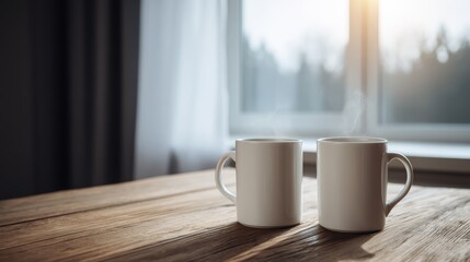 Poster - Warm cozy morning scene with two steaming ceramic coffee mugs on rustic wooden table near sunlit window