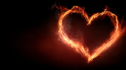 Fototapete - Fiery heart shape with glowing orange and red flames on a dark background, passionate and dramatic visual with copy space for text
