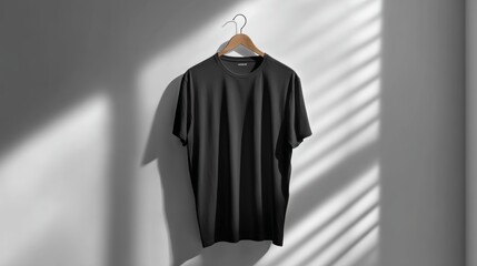 Leinwandbilder - Minimalist black tshirt mockup hanging on wooden hanger with soft shadow play against white wall for fashion and apparel display
