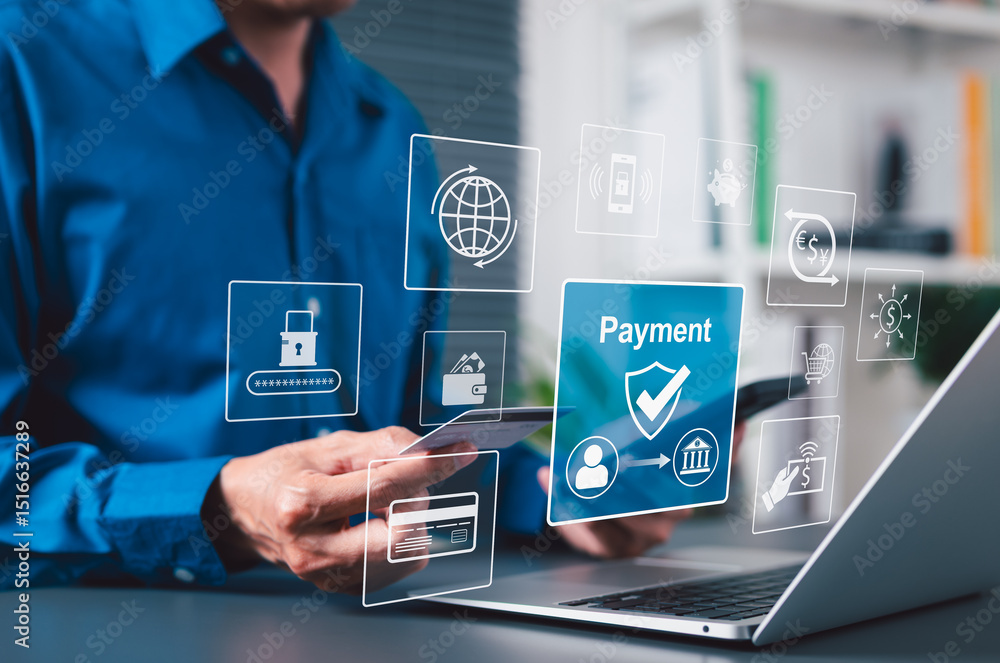 Secure Online Payment Transaction Process concept. Businessman ...