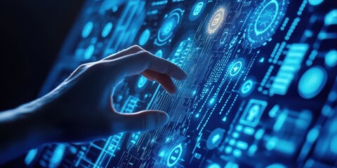 Hand interacting with futuristic digital interface