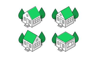 a clean, scalable vector illustration featuring four isometric-style modern houses, a distinct roof 
