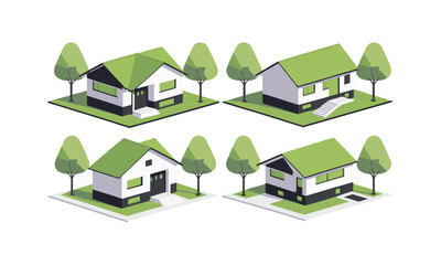 a clean, scalable vector illustration featuring four isometric-style modern houses, a distinct roof 