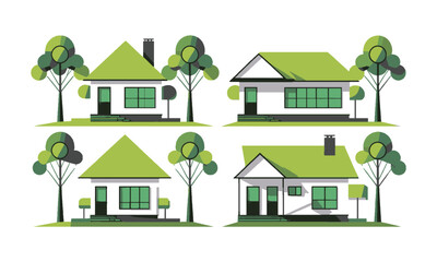 a clean, scalable vector illustration featuring four isometric-style modern houses, a distinct roof 