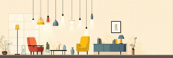 Aufkleber - Interior Lighting Design With Hanging Lamps and Modern Furniture Creating an Inviting Atmosphere
