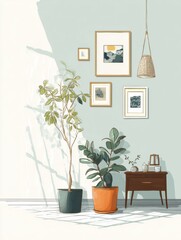 Aufkleber - Minimalistic Gallery Wall With Plants Highlights a Clean Corner in a Cozy Room