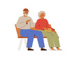 © Mary Long - Love senior couple sit on bench and talk. Old Man and woman on the date outdoors. Romantic elderly male and female for valentine. Flat vector illustration on white background