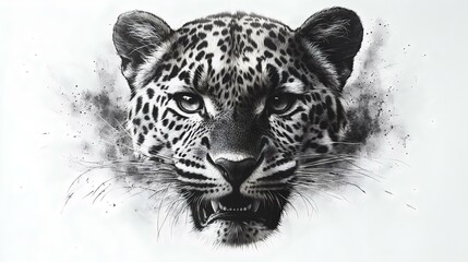 Wall Mural - stunning black and white illustration of a fierce leopard's face, showcasing intense eyes and intric