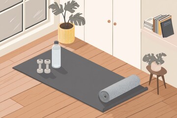 Aufkleber - Home Gym Setup With Mat, Dumbbells, and Water Bottle in a Minimalistic Interior