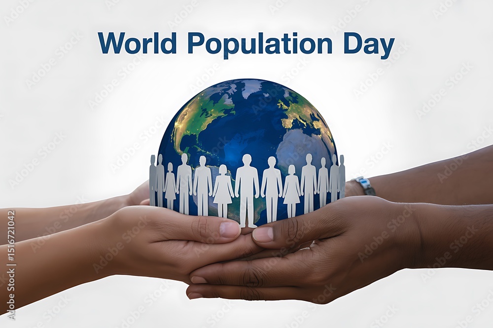 Hands holding a globe with paper cutouts of people for world population ...