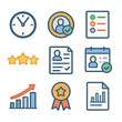© Coosh448 - Employee Performance Icons. Flat icon set of employee performance icons: punctuality clock, shift completion