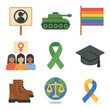 © Coosh448 - Global Human Rights Icons. Flat icon set of global human rights protests: apartheid protest sign, Tiananmen