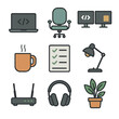© Coosh448 - Home Coding Essentials. Flat icon set of home coding essentials: laptop with code editor, ergonomic chair,