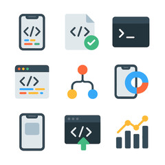 mobile programming tools. flat icon set of mobile programming tools: code editor app, syntax checker