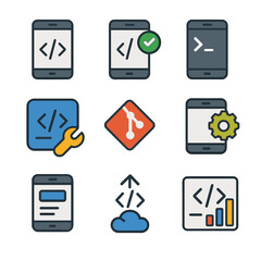 mobile programming tools. flat icon set of mobile programming tools: code editor app, syntax checker