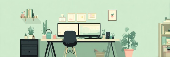 Leinwandbilder - Dual Monitor Workspace With Minimalist Decor in a Serene Environment Featuring Plants and Organized Shelves