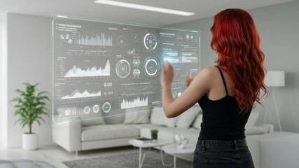 Future Technology Interaction: A woman with red hair interacts with a holographic interface showcasing advanced technology data analysis and presenting data information.