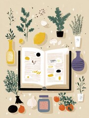 Poster - Open Recipe Book Surrounded by Fresh Ingredients Perfect for Culinary Inspiration in a Minimal Upper Layout