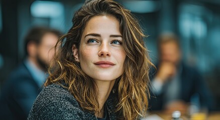 Aufkleber - Pensive Woman With Freckles Looking Upward During Meeting, Representing Leadership Potential and Corporate Vision