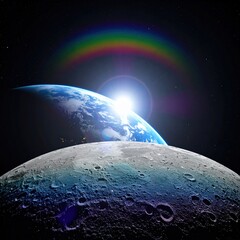 Wall Mural - A stunning view of Earth from the Moon with the sun rising above its horizon creating a colorful rainbow arc in space showcasing cosmic beauty and wonder.