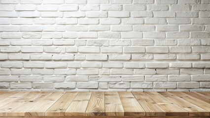 Aufkleber - Rustic Wooden Tabletop Against a Clean White Brick Wall Background, Ideal for Product Displays and Design Presentations