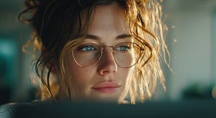 Aufkleber - Woman With Glasses Focused on Laptop Screen, Representing Digital Literacy and Remote Work Productivity in Home Office Environment