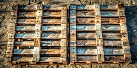 Aufkleber - Rustic Wooden Pallets Resting on Weathered Surface, Displaying Natural Light and Shadow Details