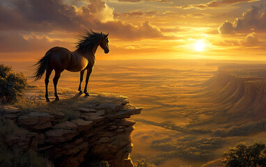 a wild horse standing at the edge of a cliff, the vast plains stretching out below. the wind ruffles