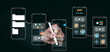 © PRIM - UX UI, Mobile app user interface designs, digital software, mobile app development concept. Planning application process develop prototype wireframe for mobile phone. User experience, computer code.