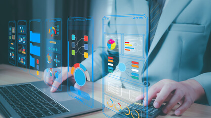 UX UI, Mobile app user interface designs, digital software, mobile app development concept. Planning application process develop prototype wireframe for mobile phone. User experience, computer code.