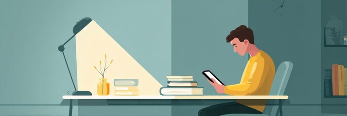 Leinwandbilder - Student Engages in Online Learning While Using a Tablet at a Well-Lit Study Desk Filled With Books During Evening Hours