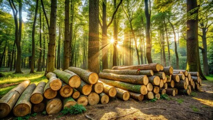 Poster - Sunlit Forest with Stacked Logs A Serene Image of Nature's Renewal and the Cycle of Growth and Harvest